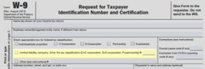 A partial screenshot of IRS form W-9 revision August 2013 Request for Taxpayer Identification Number and Certification. Limited liability company. Enter the tax classification C = C Corporation, S = S corporation, P = partnership.