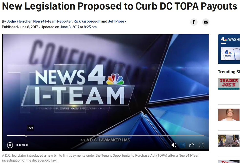 New Legislation Proposed to Curb DC TOPA Payouts. Jodie Fleischer, News4 I-Team Reporter, June 8, 2017.