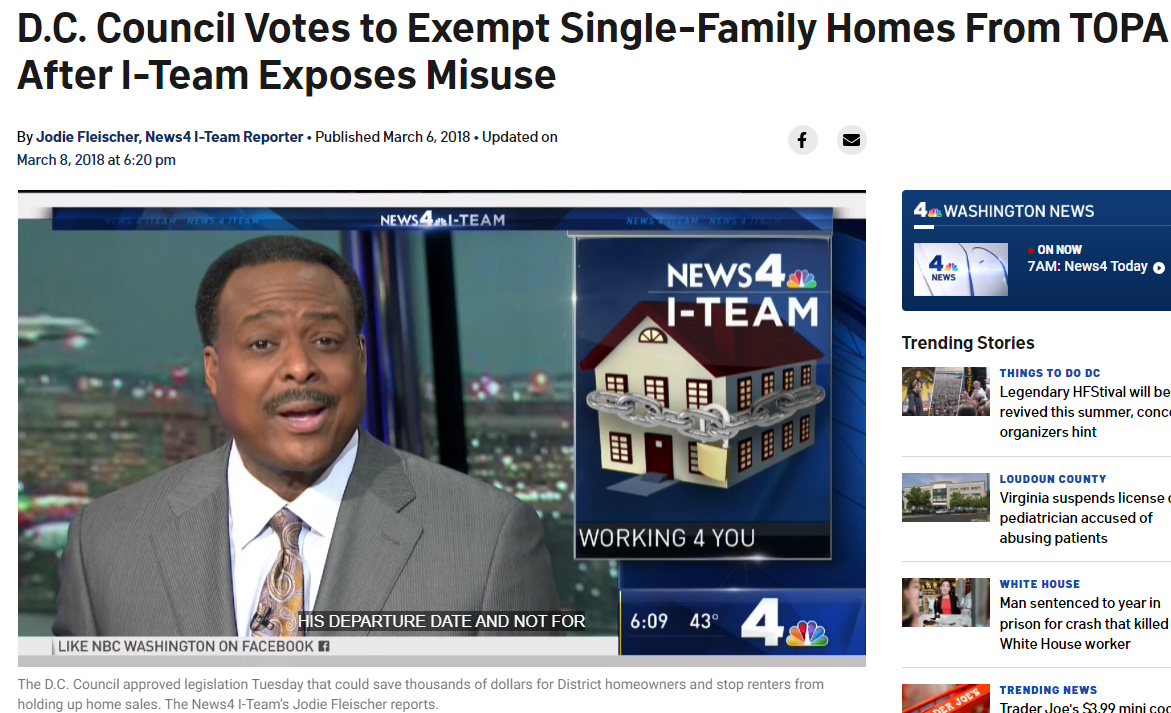 D.C. Council Votes to Exempt Single-Family Homes from TOPA After I-Team Exposes Misuse. A screenshot of an NBC News4 I-Team broadcast shows an anchor talking. A computer graphic home is wrapped in chains.