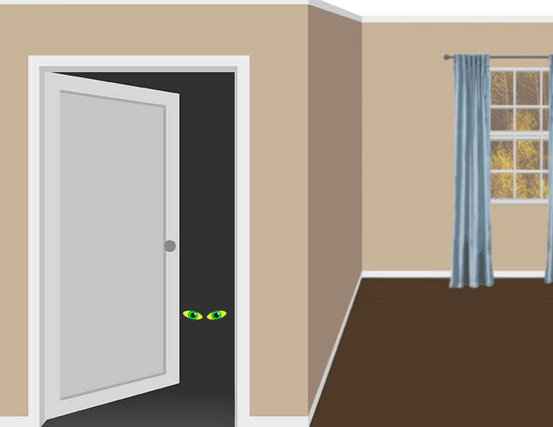 This is a cartoon image of a section of a bedroom with no furniture. A walk-in closet has its door open, revealing a dark interior. In the lower corner near the floor, two animal-like green eyes peer out of the dark.