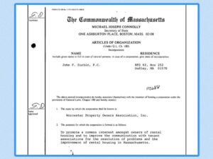 From WPOA to MassLandlords: Celebrating 40 Years of Community A scan of a partial page that shows the 1985 articles of organization for the Worcester Property Owners Association. The page is headed “The Commonwealth of Massachusetts” and is set against a blue background.