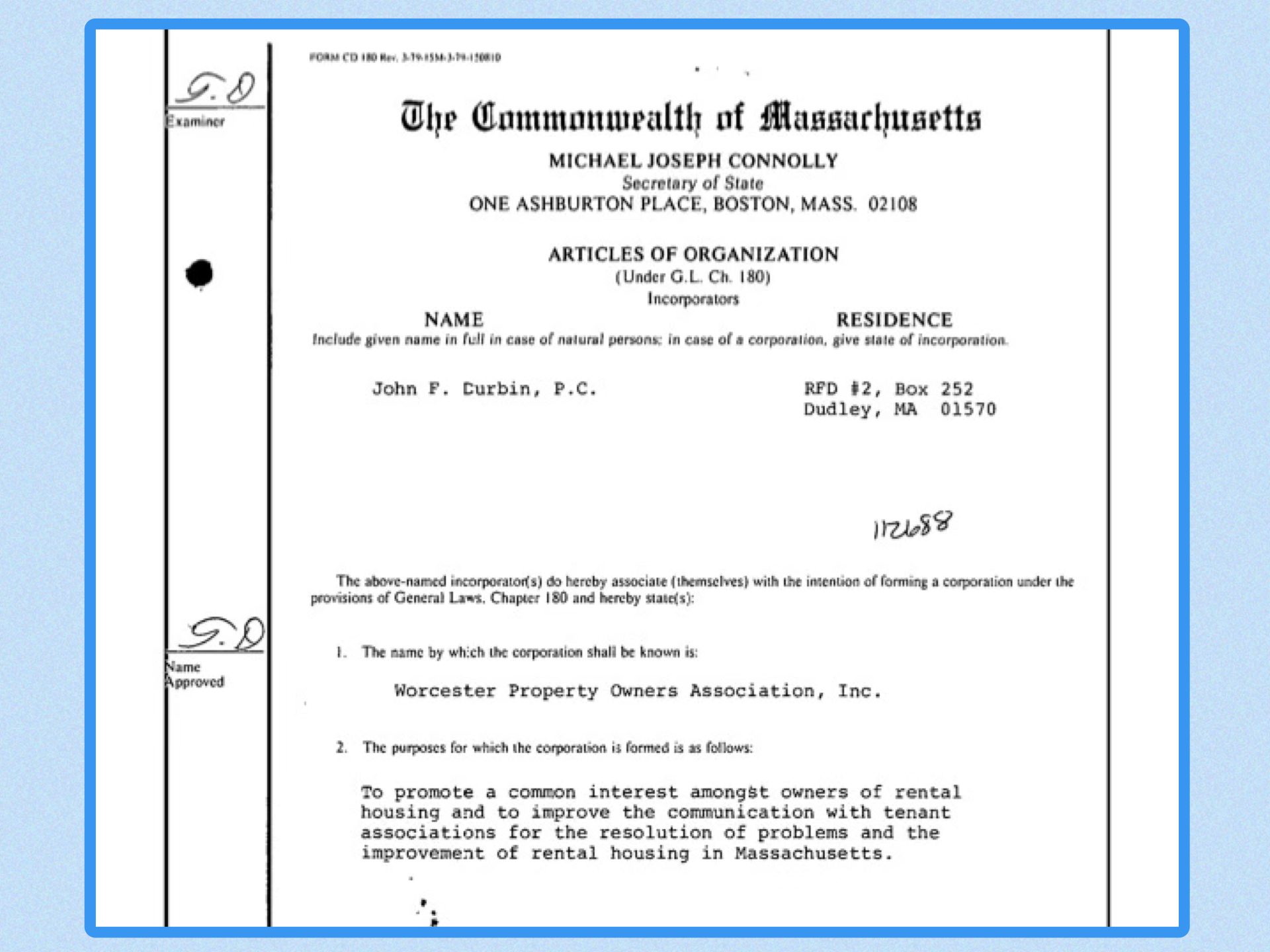 A scan of a partial page that shows the 1985 articles of organization for the Worcester Property Owners Association. The page is headed “The Commonwealth of Massachusetts” and is set against a blue background.