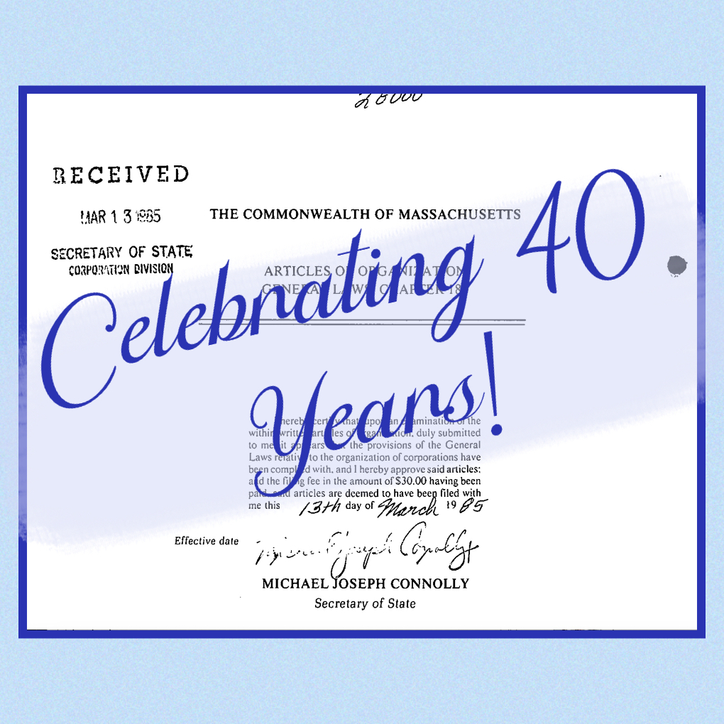 A composite image of a page from the 1985 articles of incorporation against a light blue background. A banner across the image reads “Celebrating 40 Years!” in dark blue script.