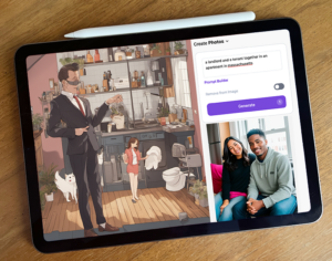 an iPad sits on a wooden table surface. The image on the iPad shows an image generator on the right that says “create image.” The image to the left of the prompt shows a cartoon man in a business suit standing in an apartment. The man is very out of scale compared to the kitchen he is standing in. A much smaller cartoon woman holds an oversized dish towel in her hand. The image underneath the prompt is a photorealistic image of a woman and a man sitting very close together on a gray couch, smiling into the camera.