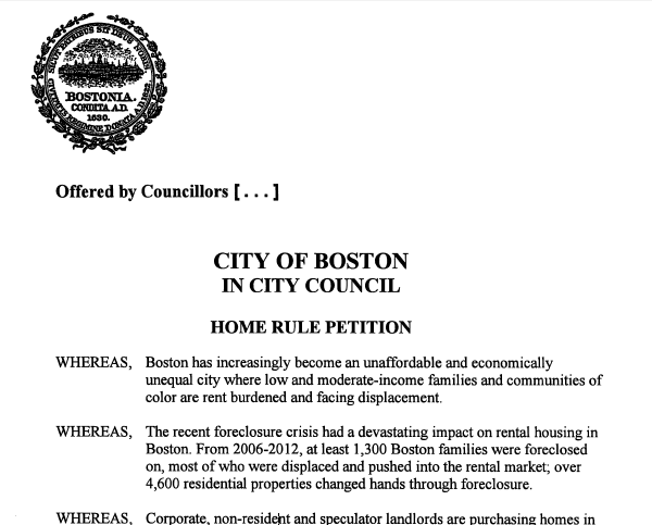 Cover Screenshot of Boston Home Rule Petition Fall 2015 for Just Cause Evictions
