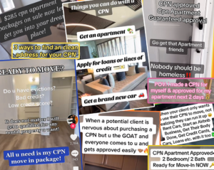 A composite image of multiple screen shots from TikTok videos that are pro-CPN usage. Titles include “Things you can do with a CPN – get an apartment” and “POV: I made a CPN for myself and approved for my apartment next 2 days.”