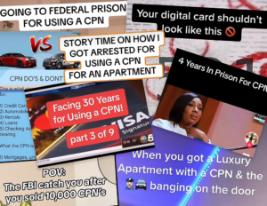 A composite image of multiple social media video screen shots with titles discussing jail time for using CPNs. Titles include “Facing 30 years for using a CPN!” and “Going to federal prison for using a CPN.”