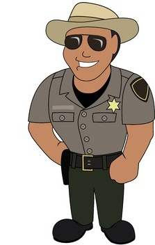 A cartoon image of a sheriff in a gray uniform shirt and dark pants. He has tan skin and wears a light gray hat and sunglasses, and is smiling.