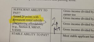 Cutout of a MassLandlords Applicant Qualifier form showing the section on ability to pay, highlighting 20 points awarded.