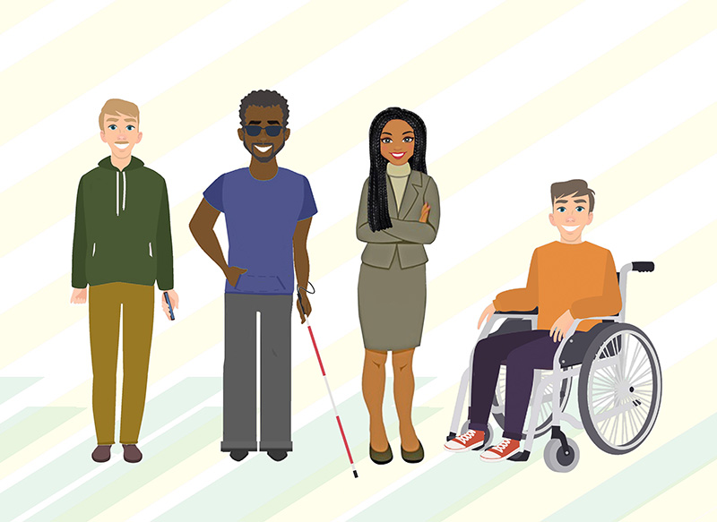 This cartoon image shows four people, three men and a woman, next to each other in front of an abstract white and yellow background. All are smiling. The second man is wearing sunglasses and has a white tipped cane; the man at the end of the row is sitting in a wheelchair.