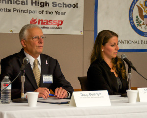 Doug Belanger and Kate Campanale, both candidates for 17th Worcester Representative, get introduced by moderator Ray Mariano at the start of the MassLandlords.net Small Business Candidates' Night 2014.