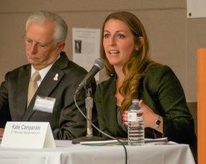 From left to right, Doug Belanger and Kate Campanale, both candidates for 17th Worcester Representative, during the MassLandlords.net Small Business Candidates' Night 2014.