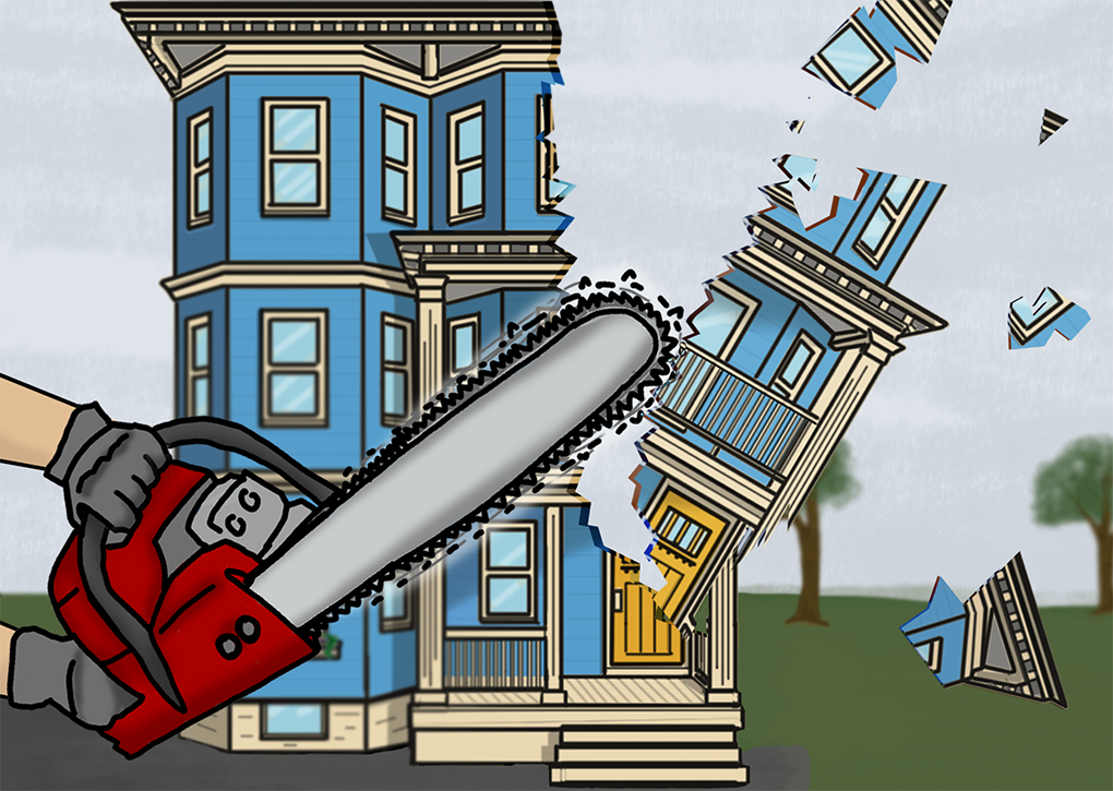 A cartoon image of a blue triple-decker house sitting on a green patch of land. In the foreground, a pair of hands holding a large chainsaw cuts off pieces of the right corner of the house.