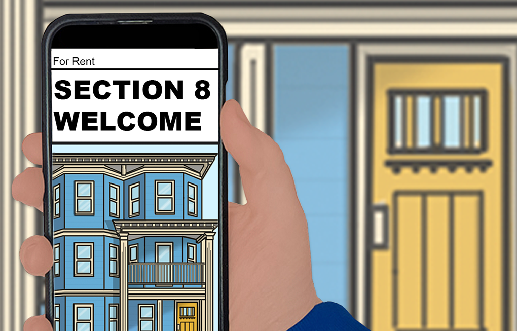 A cartoon image of a hand holding up a smart phone, with an apartment door visible in the background. The image on the phone has a blue triple-decker house with a heading that reads “For Rent, Section 8 Welcome.”
