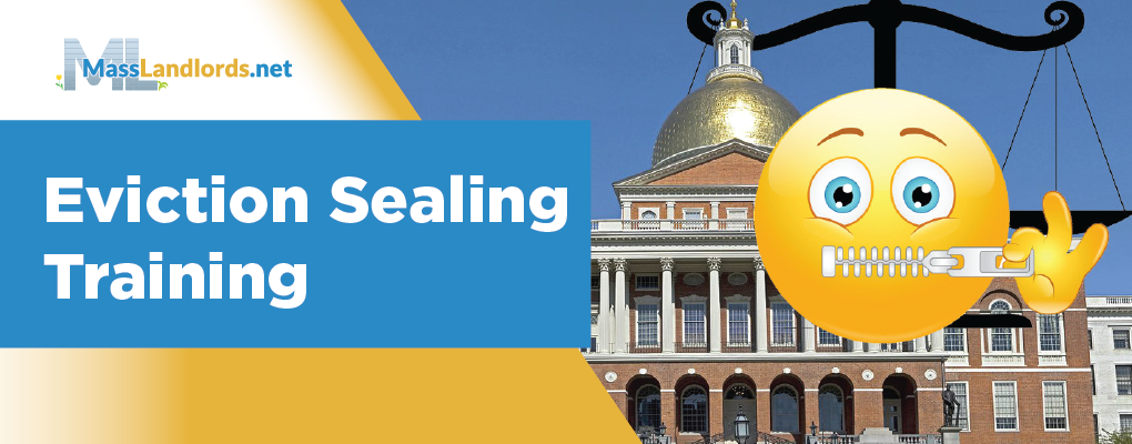 An emoji face holds a finger up its mouth to advise shush as it looms over the State House. The scales of justice hang in the background. The left side of the image has a banner with the MassLandlords logo and the phrase 