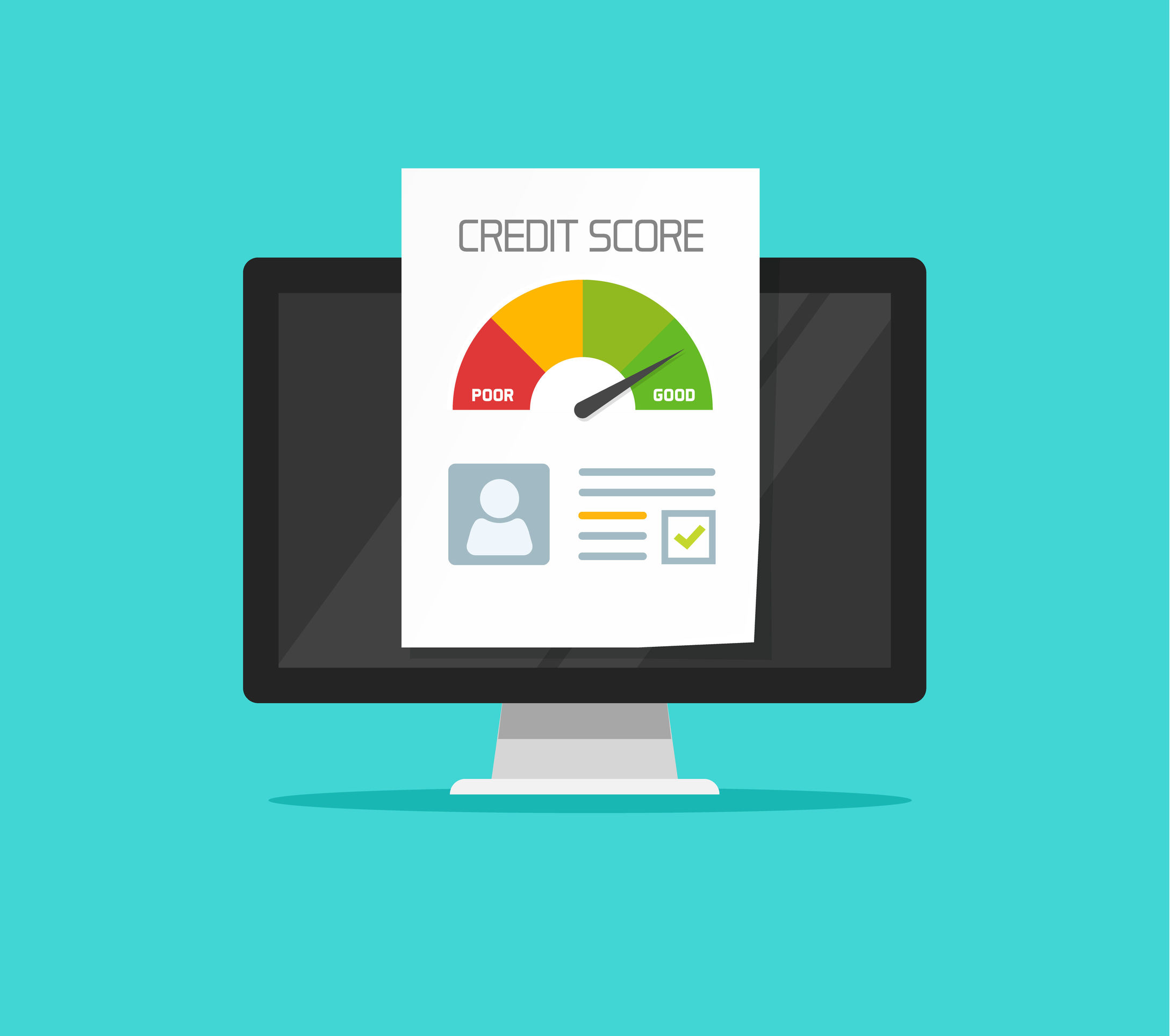 A cartoon image of a desktop computer monitor with an oversized image of a credit score meter, with colored sections indicating poor, fair and good credit. This hypothetical person has “good” credit.]