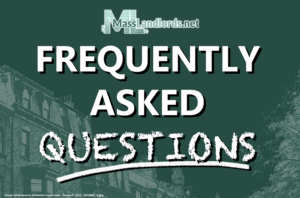 A green chalk-board style background with the MassLandlords logo, "FREQUENTLY ASKED QUESTIONS" text, a chalk sketch image of Beacon Hill rowhouses.