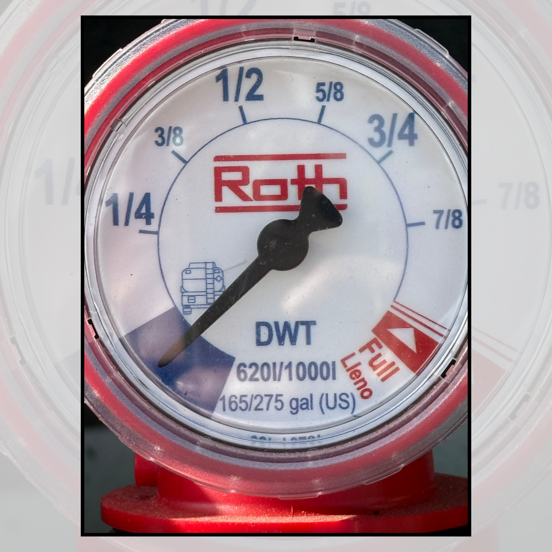 A close up of a home oil fuel gauge shows an almost empty tank.