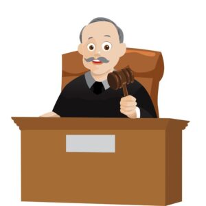 A cartoon drawing of a judge sitting behind his courthouse bench. He is holding a raised gavel in his right hand.