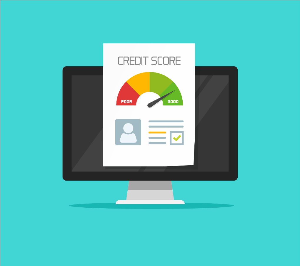 A cartoon drawing of a computer against a plain blue background. A mockup of a page reading “Credit Score” appears in front of the screen, with a graph indicating the person in question has a “good” score.