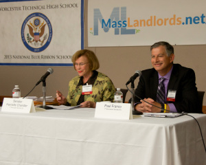 From left to right, Senator Harriette Chandler and Mr. Paul Franco, each seeking election as 1st Worcester Senator, smile at the MassLandlords.net Small Business Candidates' Night 2014.