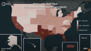 A map of the United States with state boundaries drawn shows the majority of states have FAIR insurance plans, including Massachusetts.