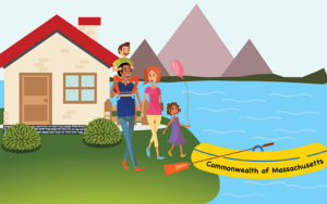 A cartoon family of four stands on a lawn in front of a yellow house with red roof. Beside the lawn is a body of water with mountains in the background. The family is preparing to step onto a yellow inflatable boat labeled “Commonwealth of Massachusetts.”