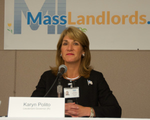Karyn Polito, running for Lt. Governor on the Charlie Baker gubernatorial ticket, gets introduced at the MassLandlords.net Small Business Candidates' Night 2014.