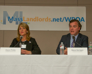 Karyn Polito and Steve Kerrigan, each seeking election as Lt. Governor, at the MassLandlords.net Small Business Candidates' Night 2014.