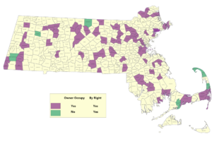 Colored map of Massachusetts highlighting cities allowing ADUs.