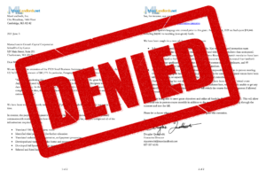 A composite image of a two-page letter, shown side by side, on MassLandlords letterhead requesting an extension on a grant from MGCC. The word “DENIED” is stamped in capital letters in red over the two pages.