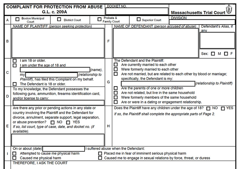 The upper half of a blank state-issued Complaint for Protection from Abuse form. The form includes fields to fill in the names of the plaintiff and defendant, as well as a checklist asking the plaintiff to identify how they know the defendant, as well as fields asking for more details about the situation.