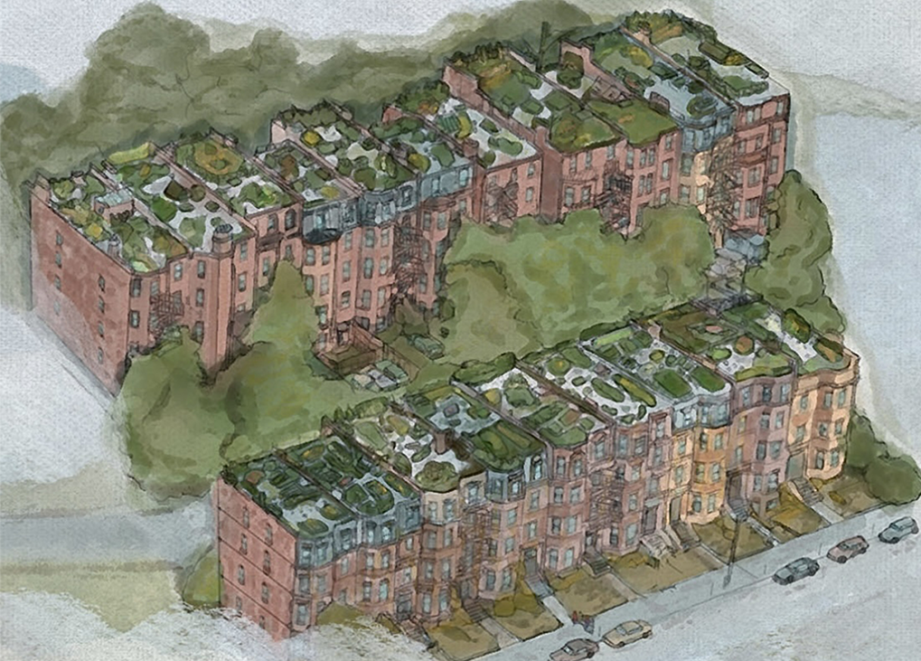 A derived depiction of a watercolor painting looking down from high atop Boston’s tallest building, on “green” rooftops of Back Bay apartment buildings. The rooftops are all clustered with green plants and trees.