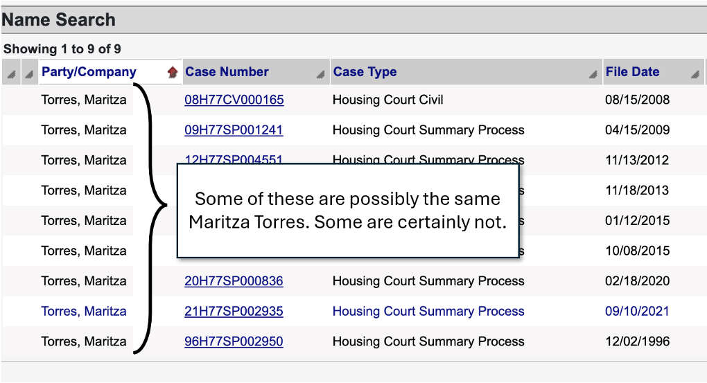 A screenshot of a by-name search for the Northeast Housing Court, with nine entries for someone named Maritza Torres. Each entry has a unique case number associated with it, along with the case type and the filing date visible. From top to bottom, the cases are: Housing Court civil from 2008; and Housing Court summary process cases from 2009, 2012, 2013, 2015, 2015, 2020, 2021 and 1996.