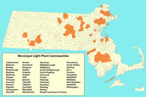 A map of the state of Massachusetts, with cities and towns outlined and labeled. A key on the map reads: “Municipal Light Plant Communities” with 50 names: Ashburnham, Belmont, Berkley, Boxborough, Boylston, Chester, Chicopee, Concord, Danvers, Dighton, Georgetown, Gosnold, Groton, Groveland, Hingham, Holden, Holyoke, Hudson, Hull, Ipswich, Lakeville, Littleton, Lynnfield, Mansfield, Marblehead, Merrimac, Middleborough, Middleton, North Attleborough, North Reading, Norwood, Paxton, Peabody, Princeton, Raynham, Reading, Rowley, Russell (north part of town), Shrewsbury, South Hadley, Sterling, Stow, Taunton, Templeton, Wakefield, Wellesley, West Boylston, Westfield and Wilmington.