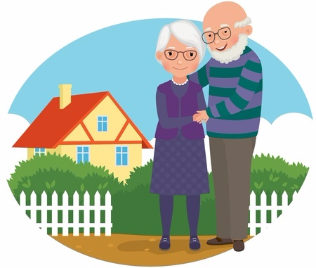Old man and wife standing near house