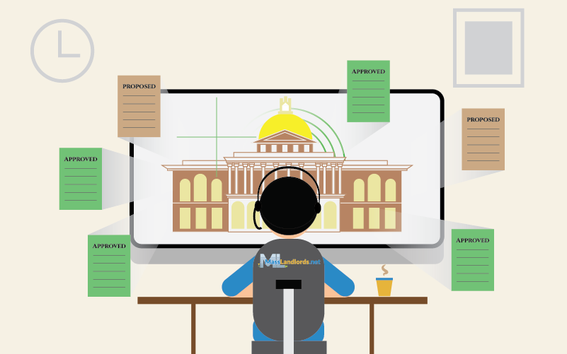 This is a cartoon image of a person seated at a computer desk, as seen from behind. They sit in front of a large computer monitor with an image of a state capitol building on the screen. Surrounding the screen are images of paper that are colored green or brown and say either “Approved” or “Proposed.”