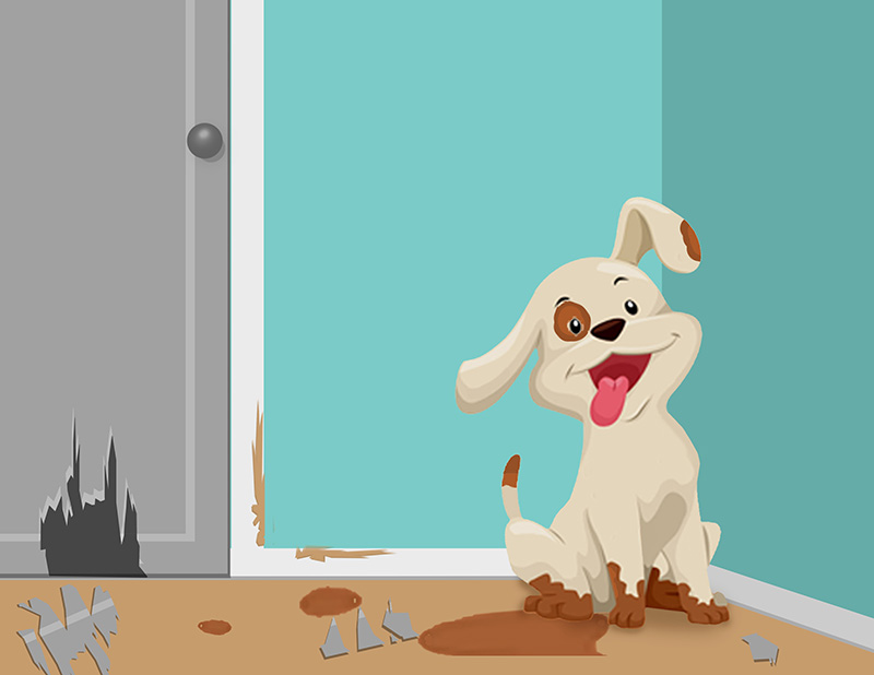 This is a cartoon of a cheerful white puppy dog with mud on its paws sitting in an apartment with blue walls and hardwood floors. The door behind him has a hole in it from chewing, and the trim around the doors is chewed up. Mud is all over the floor.