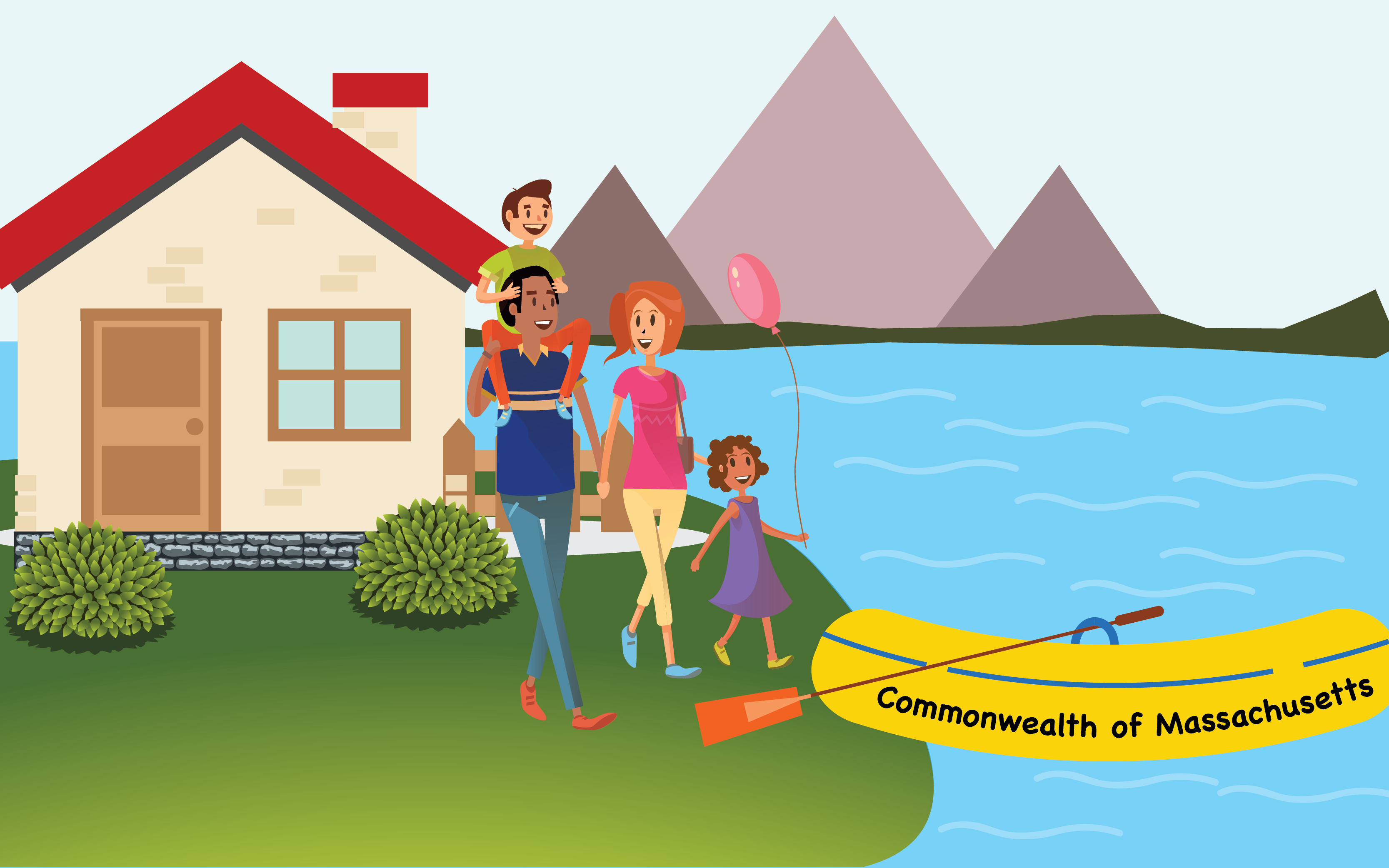 A cartoon image of a family of four walking in front of a small one-story house toward a body of water. The water has a yellow raft in it that is labeled “Commonwealth of Massachusetts.”