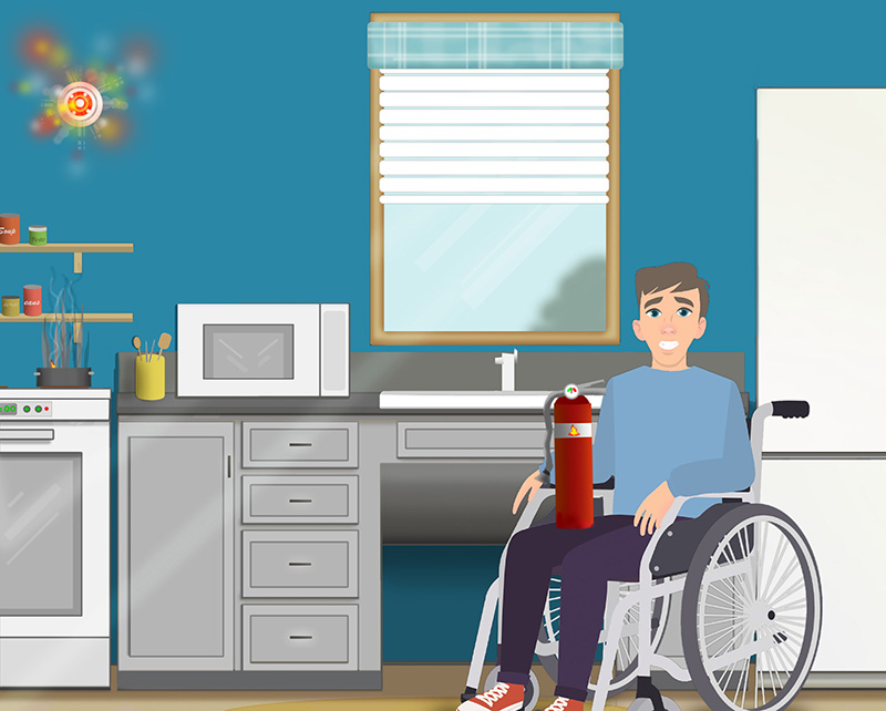 This is a cartoon image of a man in a wheelchair in a kitchen designed for someone with a disability. The counters are low, and the stove has front controls. The sink has an open area below it. On the stove, a smoking pan rests on the burner. Above the stove, a smoke alarm with visual alerts flashes red and green.