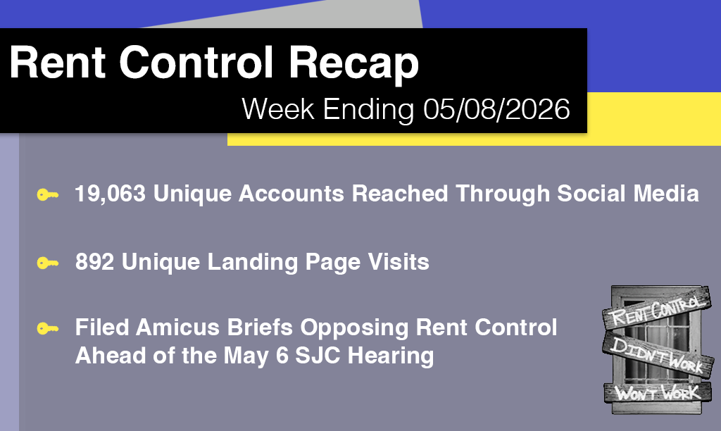 An infographic labeled “Rent Control Recap - Week Ending 05/082026” with three bullet points: 19,063 Unique Accounts Reached Through Social Media; 892 Unique Landing Page Visits; and Filed Amicus Briefs Opposing Rent Control Ahead of the May 6 SJC Hearing. The logo “Rent Control. Didn’t Work. Won’t Work.” appears in the lower righthand corner