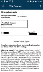 A screen shot of a mobile view of a benefits statement for SNAP benefits, with personal information removed.