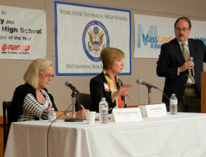 From left to right: Ms. Patricia Saint Aubin, seeking election as Massachusetts State Auditor, state Auditor Suzanne Bump, seeking reelection, and moderator Ray Mariano at the MassLandlords.net Small Business Candidates' Night 2014.