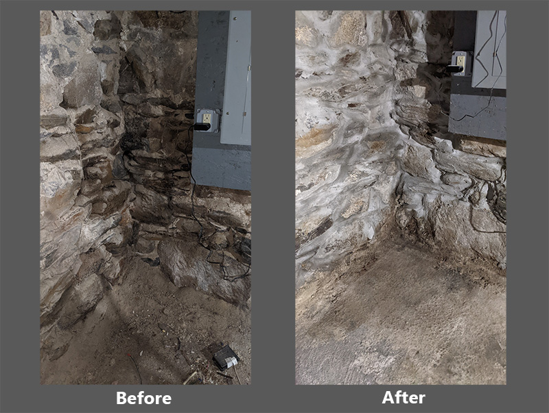 A side-by-side before and after image of the same area in a fieldstone foundation. On the left, the before image, next to a breaker panel fieldstones sit dark and unmortared above a pile of sand. On the right, the after image, the floor has been swept clean of sand. The joints are light gray and create an integral wall.