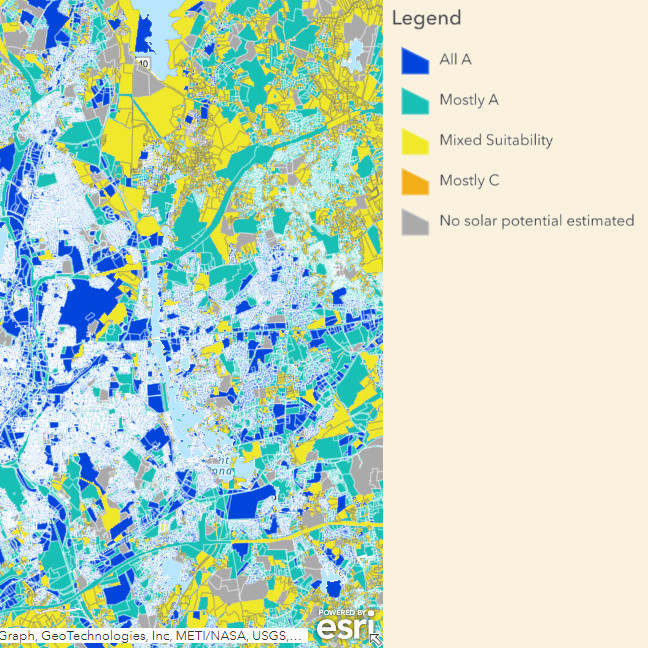 A map of eastern Worcester shows lots coded by suitability for solar. The categories are “All A,” “Mostly A”, “Mixed Suitability,” “Mostly C,” and “No solar potential estimated.” An A-lot meats multiple criteria for solar including repurposing otherwise barren roof space or land.