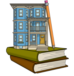The Top 5 Things You Need to Know as a Massachusetts Landlord in 2025 A cartoon-style blue triple-decker home sits on top of a stack of two books, a green one on top, and a brown one underneath. A pencil leans against the house, its point resting on the top of the green book.