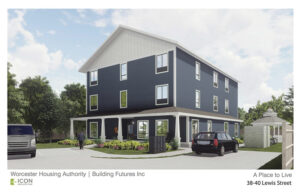 This image is an architect’s rendering of a three-story blue housing complex with white roof. The residence has many windows and a covered front porch area. In front of the unit is a parking lot, in the background are many mature trees, a gazebo to the right of the building and a place to store bicycles, with two bikes visible in front of the gazebo. Two vehicles are parked in parking spaces, and a man in a suit walks toward the front door.