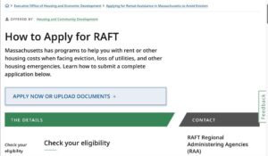 screen shot of the introductory page for applying for rental assistance in Massachusetts; with headline, “How to Apply for RAFT,” and small print instructions following.