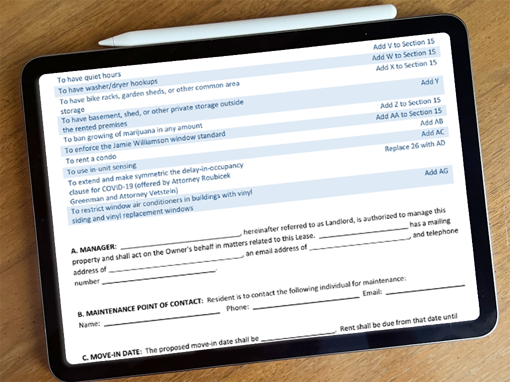 An image of an iPad screen shows a portion of the MassLandlords optional clauses available to add to rental agreements.