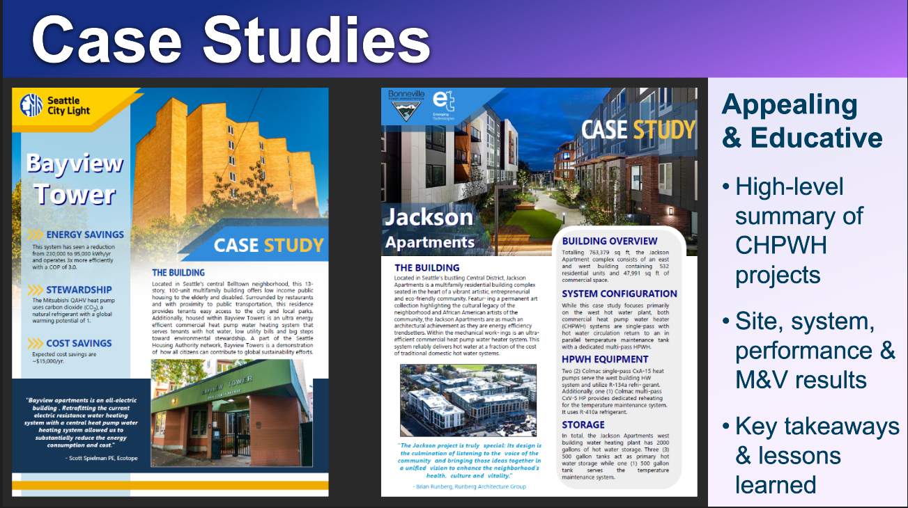 Cast Studies. Seattle City Light. Bayview Tower. Energy Savings. This system has seen a reduction from 230,000 to 95,000 kWh/yr and operates 3x more efficiently with a COP of 3.0. Stewardship. The Mitsubishi QAHV heat pump uses carbon dioxide (CO2), a natural refrigerant with a global warming potential of 1. Cost savings. Expected cost savings are ~$15,000/yr. ‘Bayview apartments is an all-electric building. Retrofitting the current electric resistance water heating system with a central heat pump water heating system allowed us to substantially reduce the energy consumption and cost.’ Scott Spielman PE, Ecotype